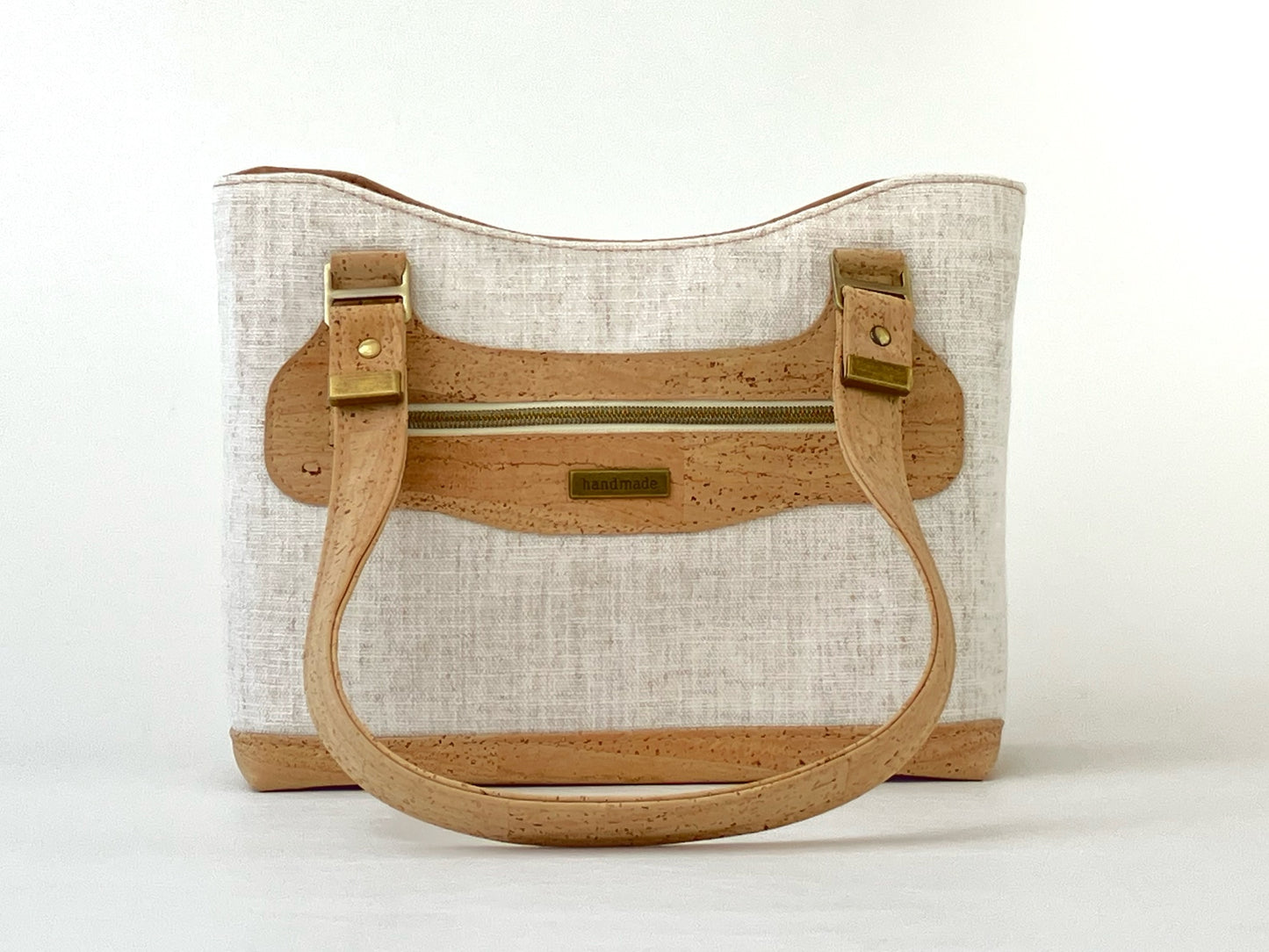 Cork and Natural Linen-Style Fabric Shoulder Bag with Zipper Closure & Exterior Pocket