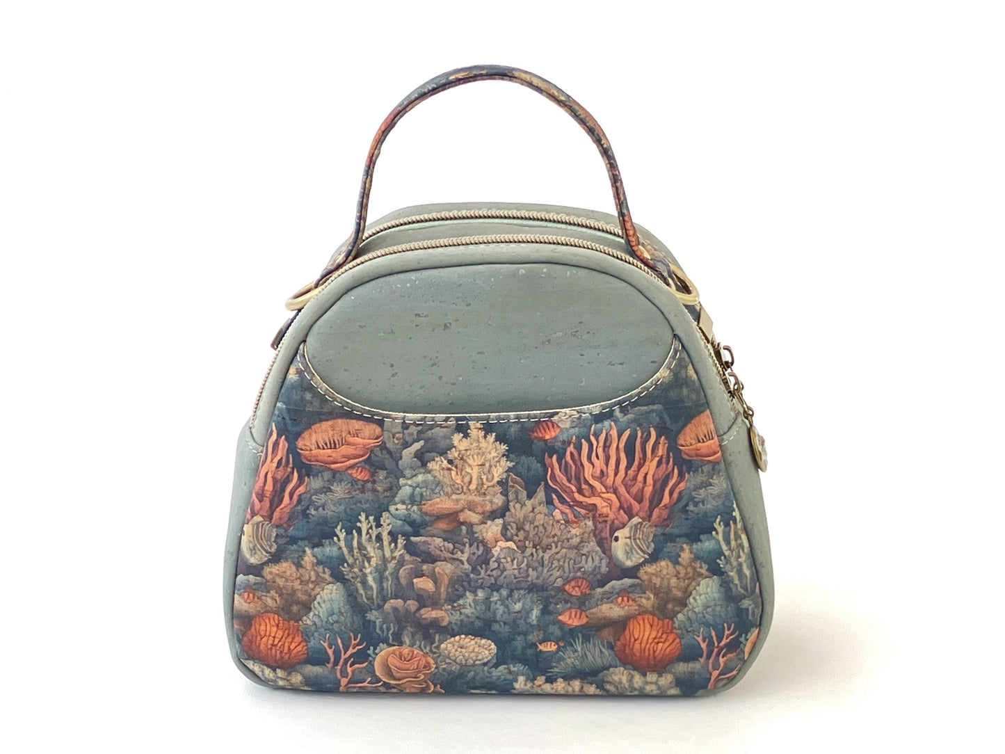 Mini Dual Compartment Cork Bowler Bag in Gray-Blue with Coral Reef Print
