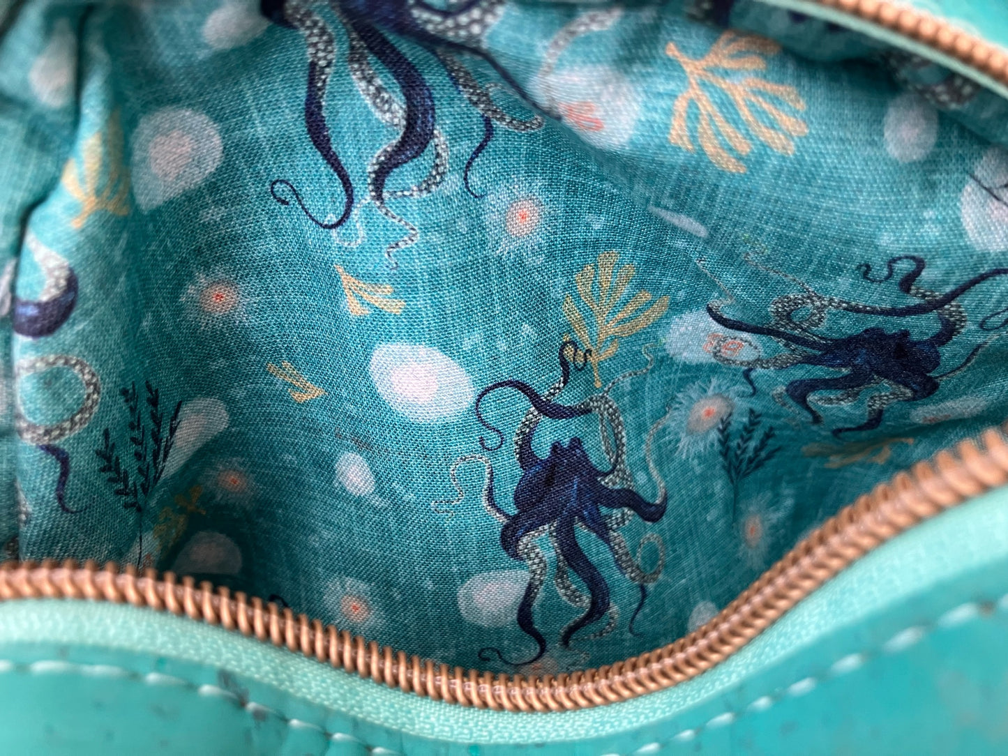 Dual-Compartment Mini Bowler Bag – Crossbody or Handbag – Caribbean Teal Cork with Octopus Print Lining