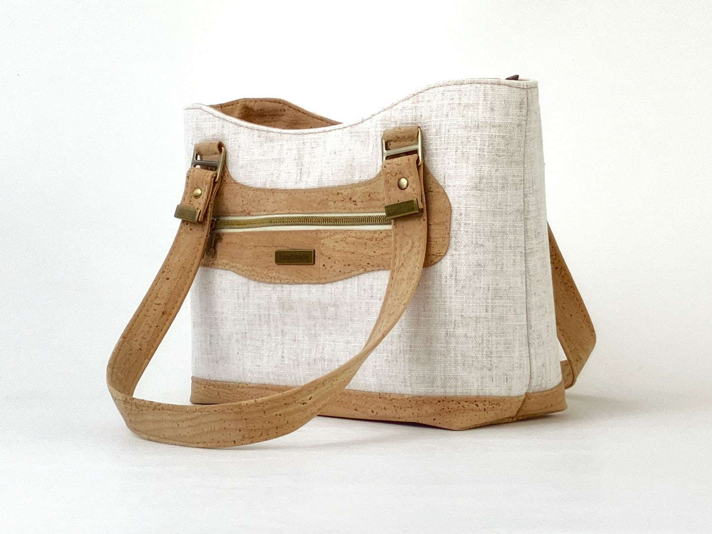 Cork and Natural Linen-Style Fabric Shoulder Bag with Zipper Closure & Exterior Pocket
