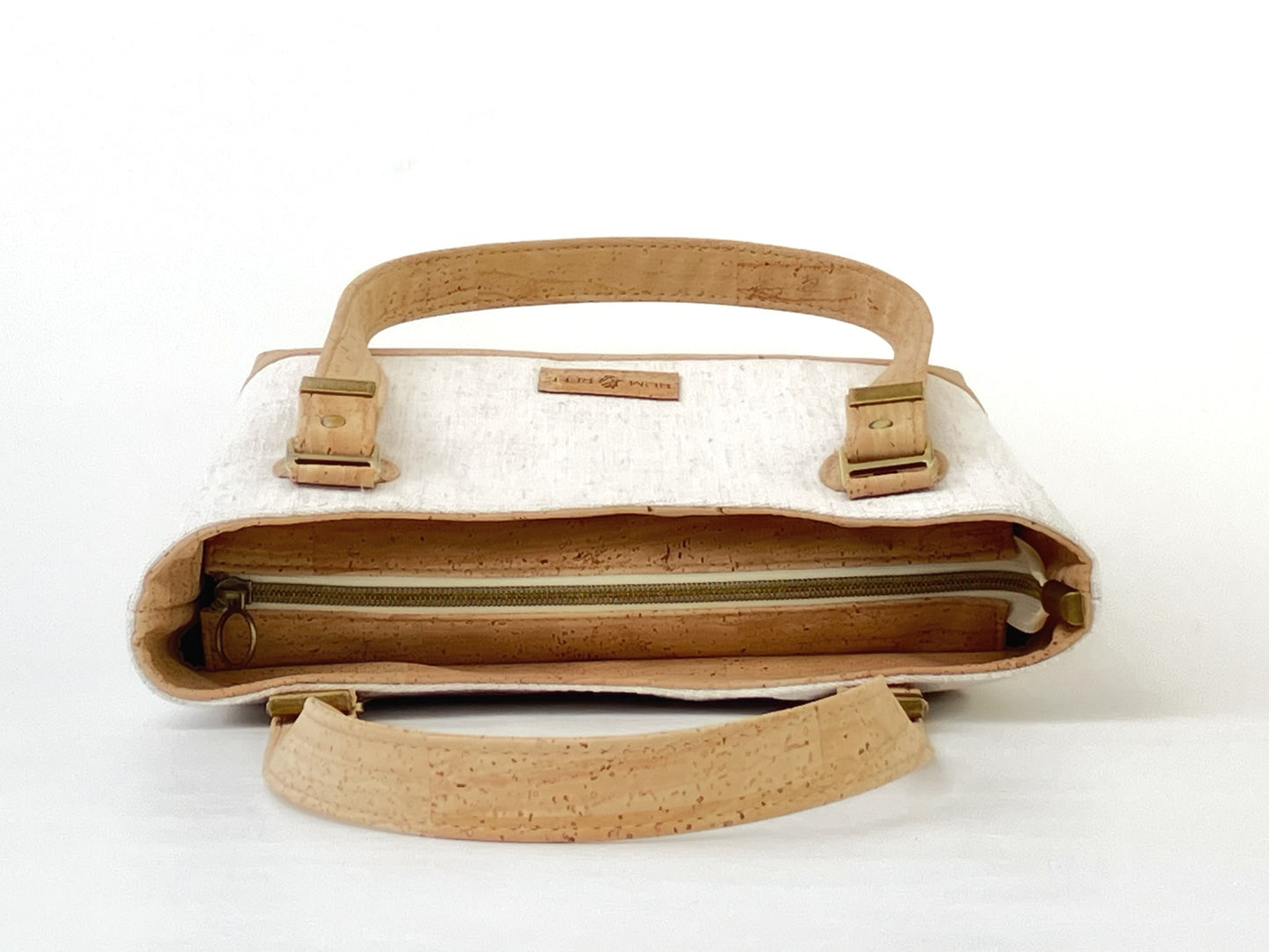 Cork and Natural Linen-Style Fabric Shoulder Bag with Zipper Closure & Exterior Pocket