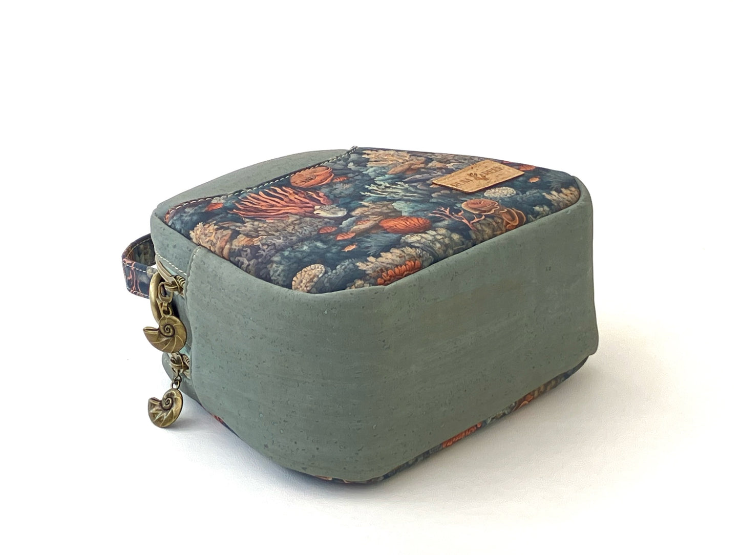 Mini Dual Compartment Cork Bowler Bag in Gray-Blue with Coral Reef Print