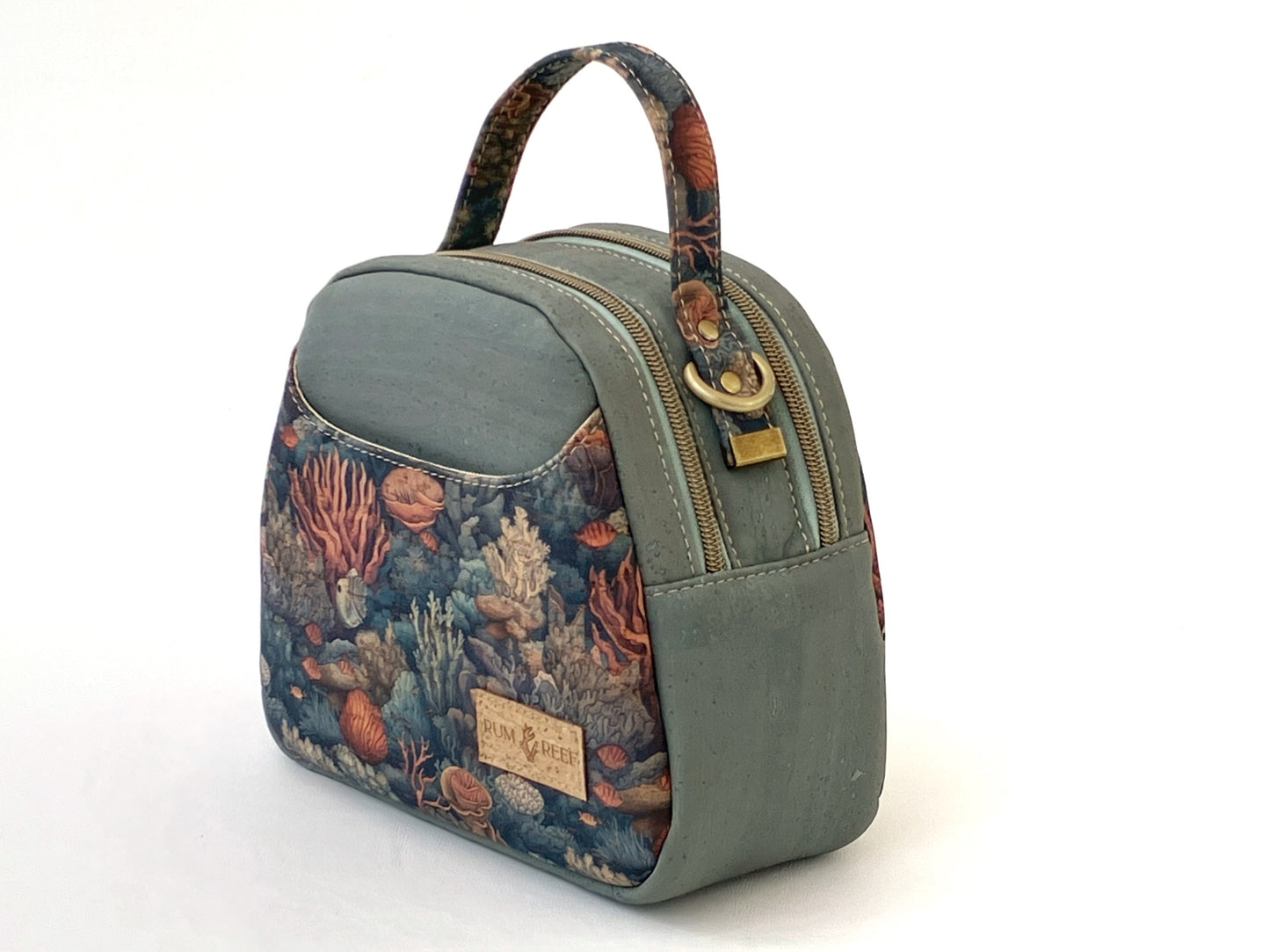 Mini Dual Compartment Cork Bowler Bag in Gray-Blue with Coral Reef Print