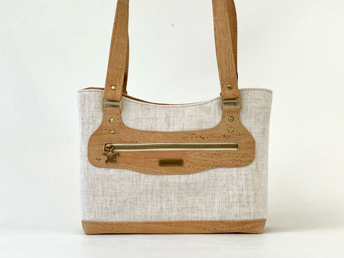 Cork and Natural Linen-Style Fabric Shoulder Bag with Zipper Closure & Exterior Pocket