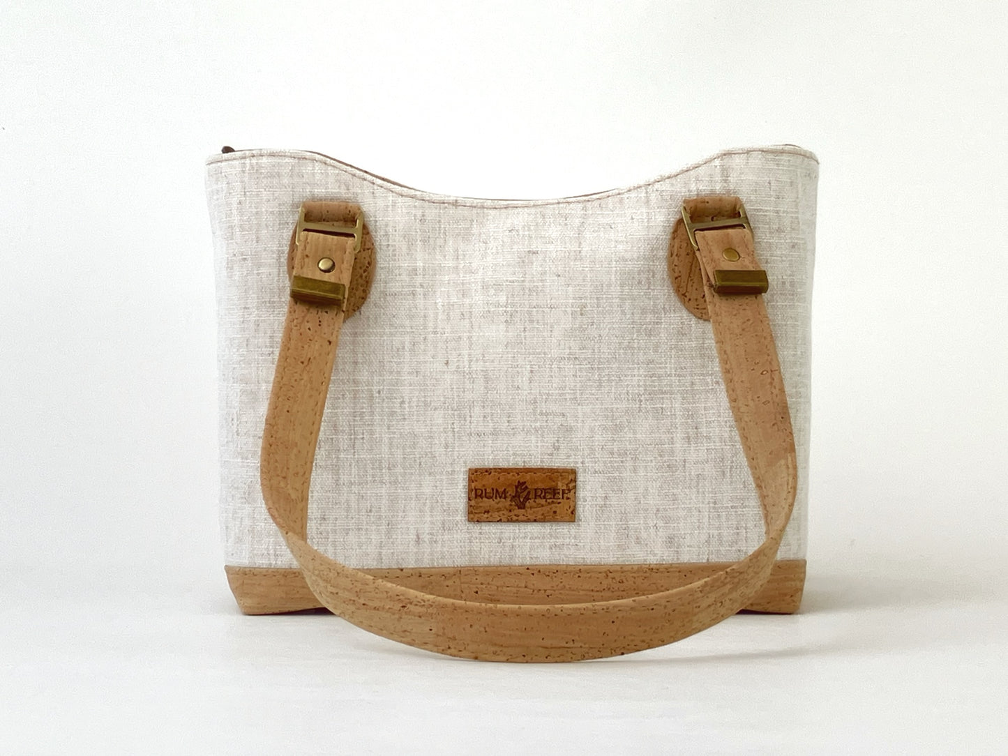 Cork and Natural Linen-Style Fabric Shoulder Bag with Zipper Closure & Exterior Pocket