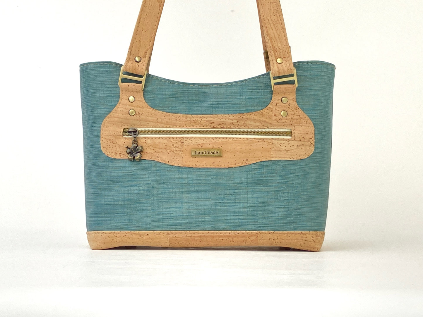 Cork & Textured Vinyl Structured Shoulder Bag with Exterior Zipper Pocket