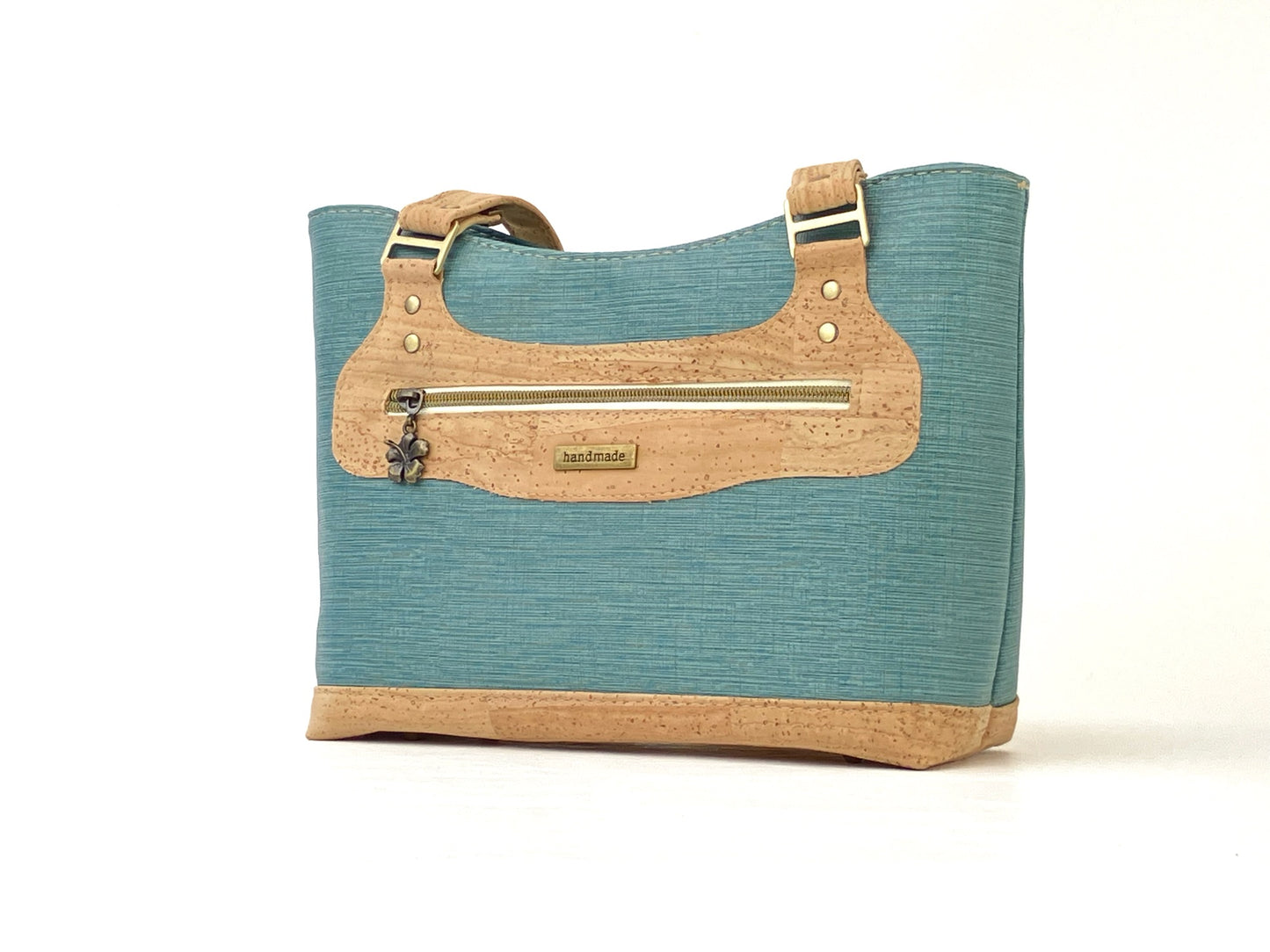 Cork & Textured Vinyl Structured Shoulder Bag with Exterior Zipper Pocket