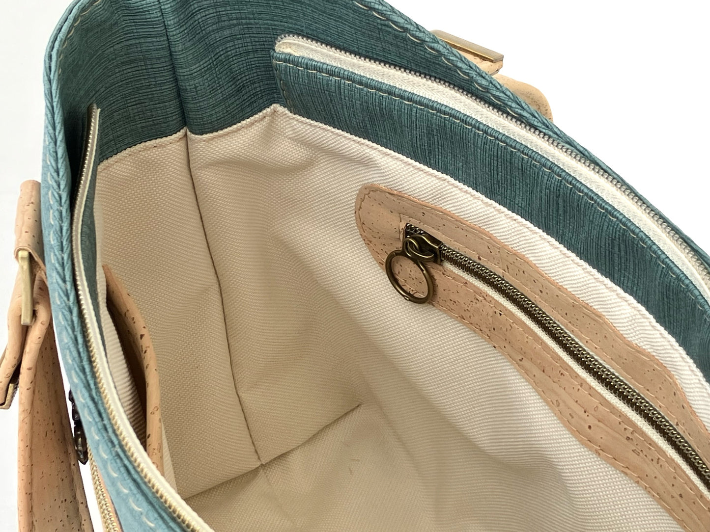 Cork & Textured Vinyl Structured Shoulder Bag with Exterior Zipper Pocket