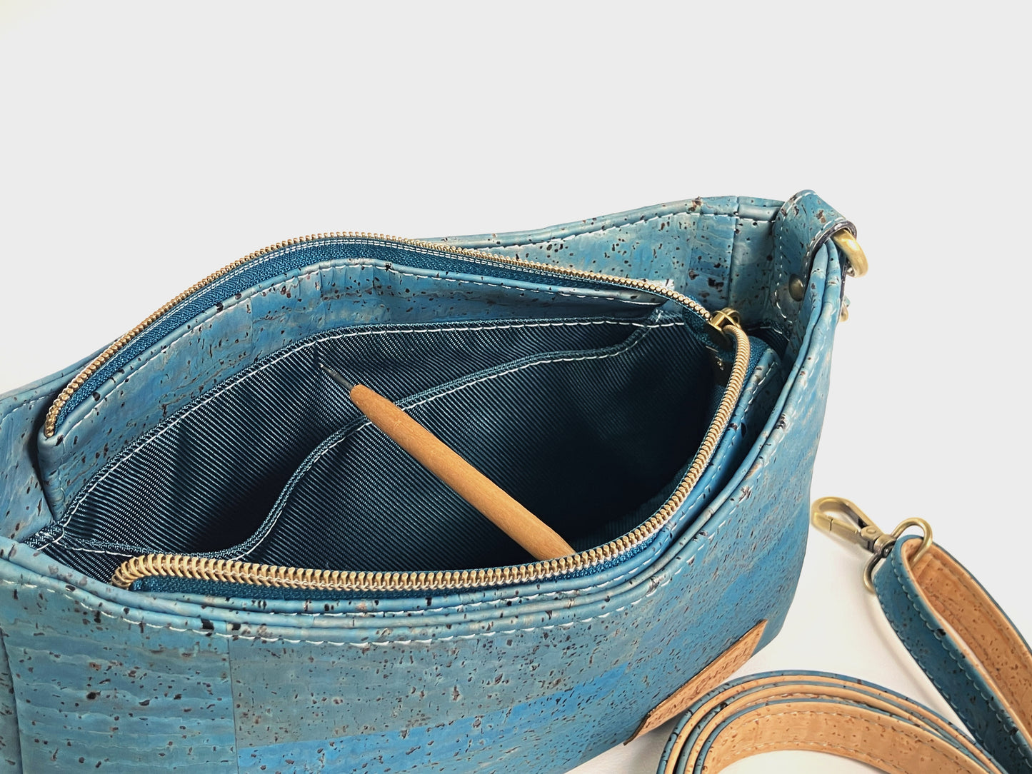 Blue Green Cork Shoulder Bag with Phone Pocket