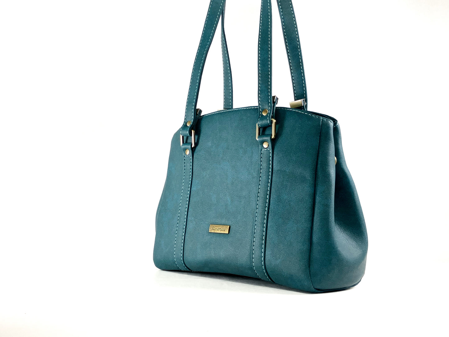 Teal Structured Shoulder Bag – Zipper Top with Octopus Lining