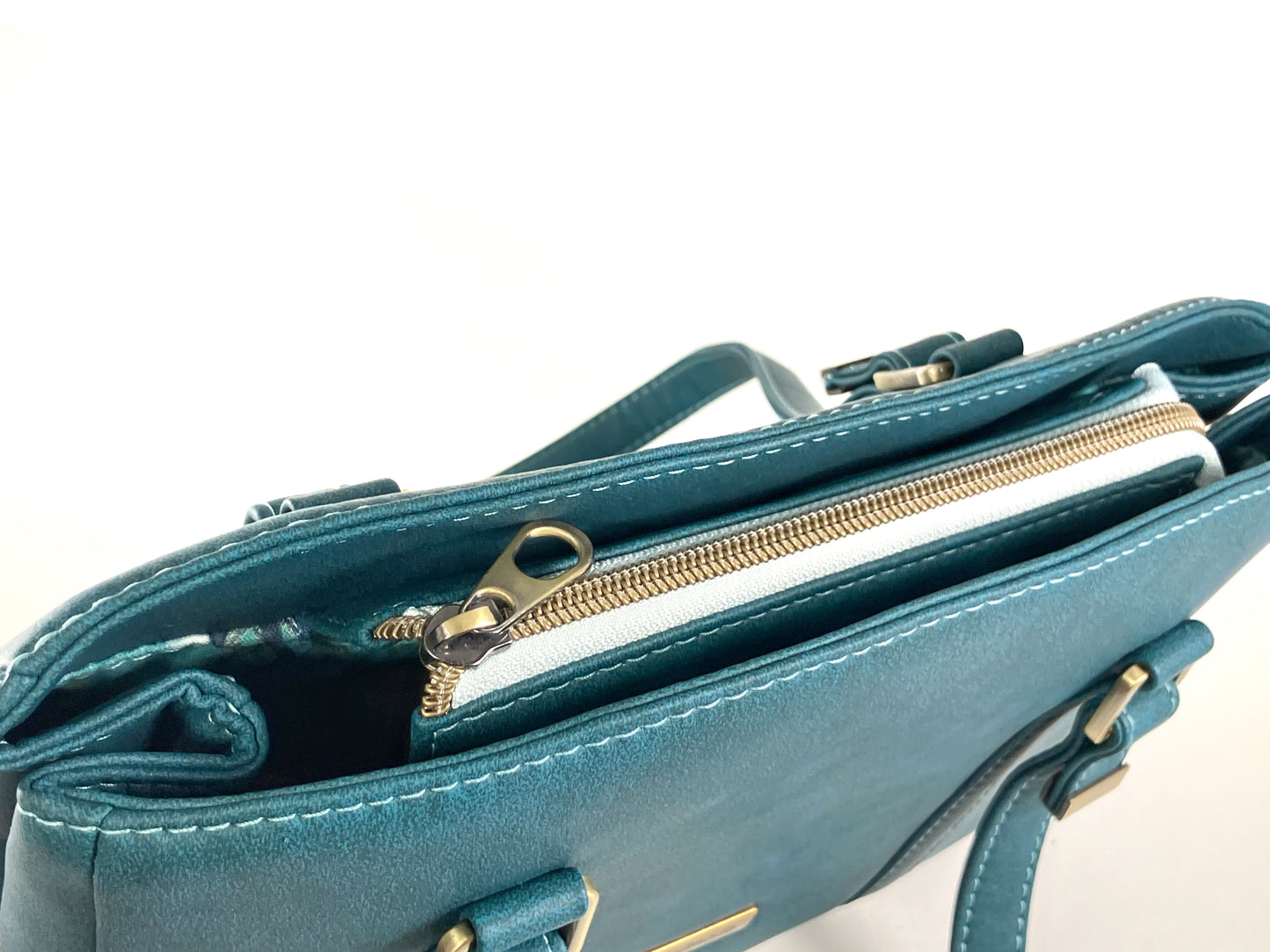 Teal Structured Shoulder Bag – Zipper Top with Octopus Lining