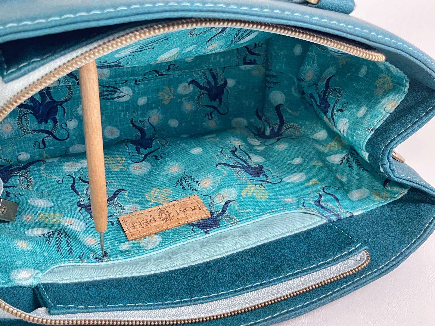 Teal Structured Shoulder Bag – Zipper Top with Octopus Lining
