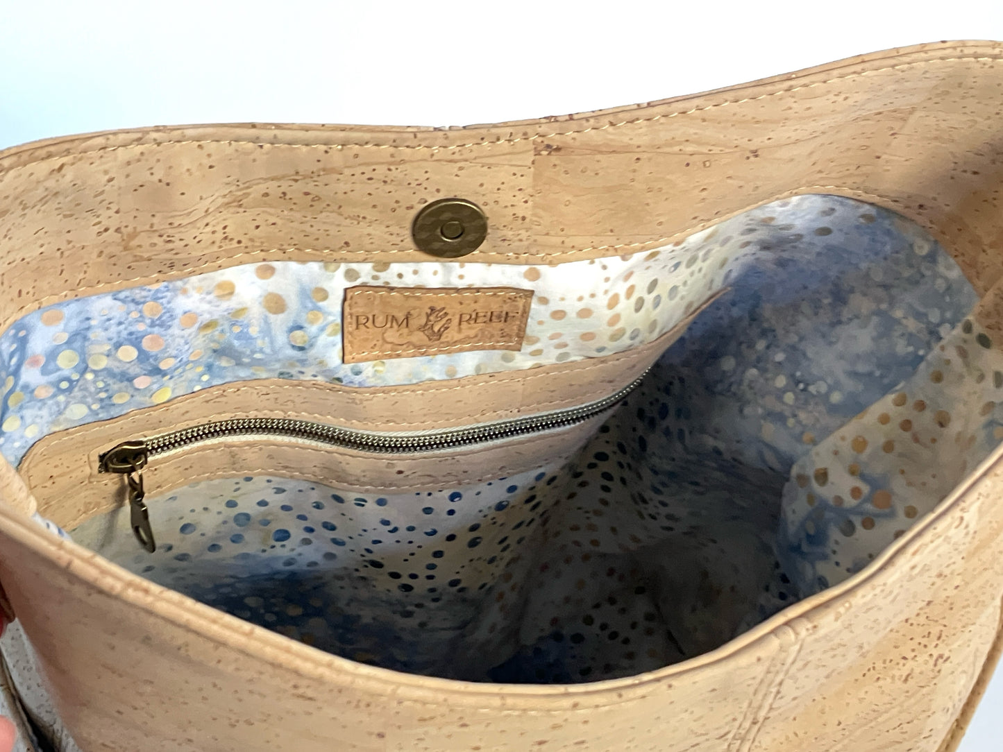 Large Natural Cork Shoulder Bag with Watercolor Lining