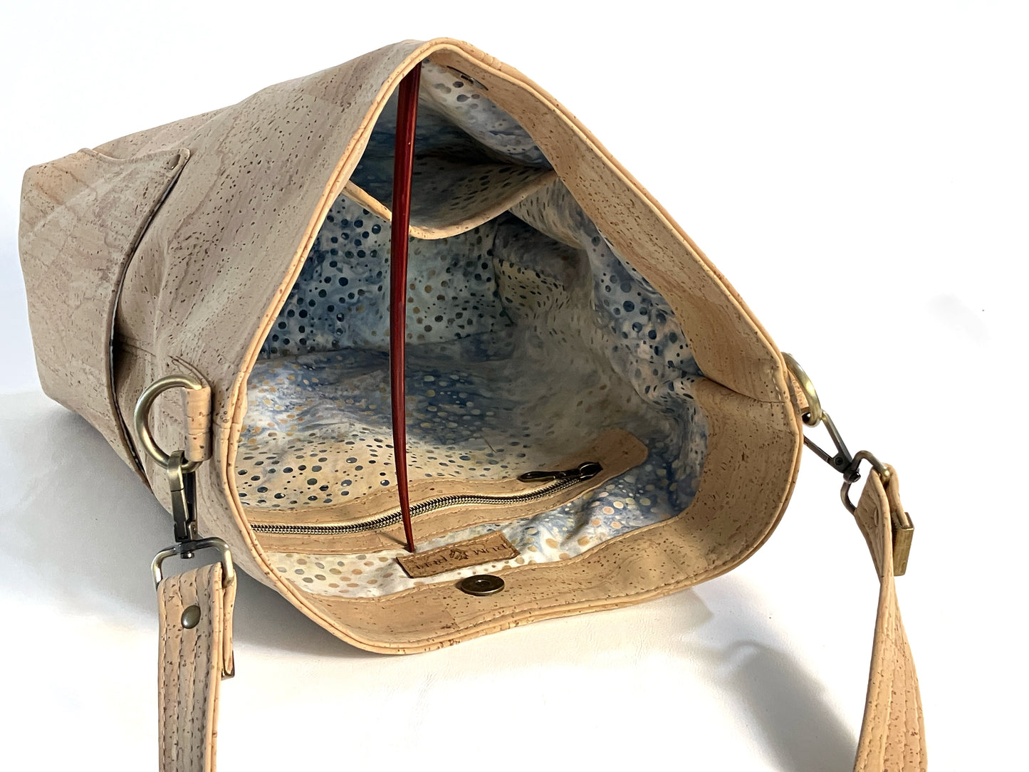 Large Natural Cork Shoulder Bag with Watercolor Lining