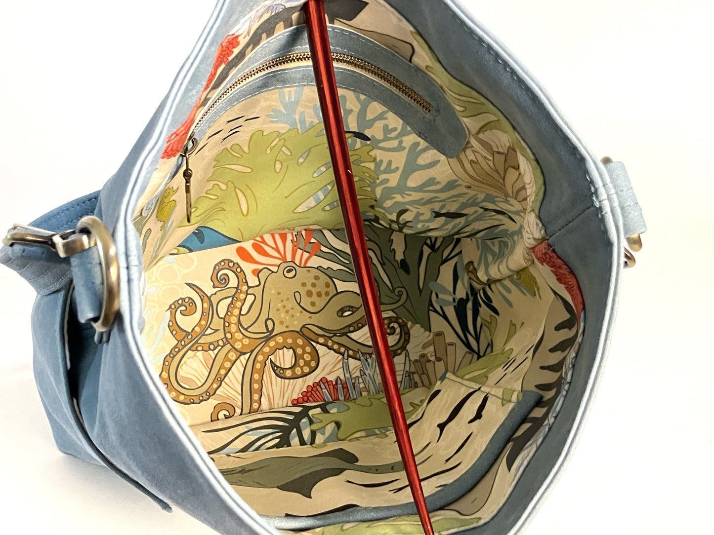 Rainy Blue Bucket Bag with Curious Reef Creatures Lining