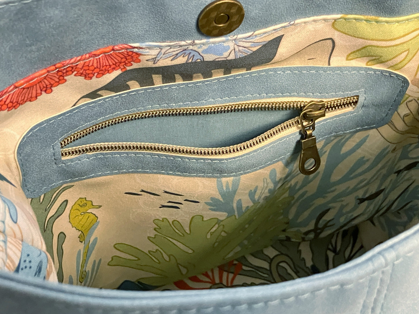 Rainy Blue Bucket Bag with Curious Reef Creatures Lining