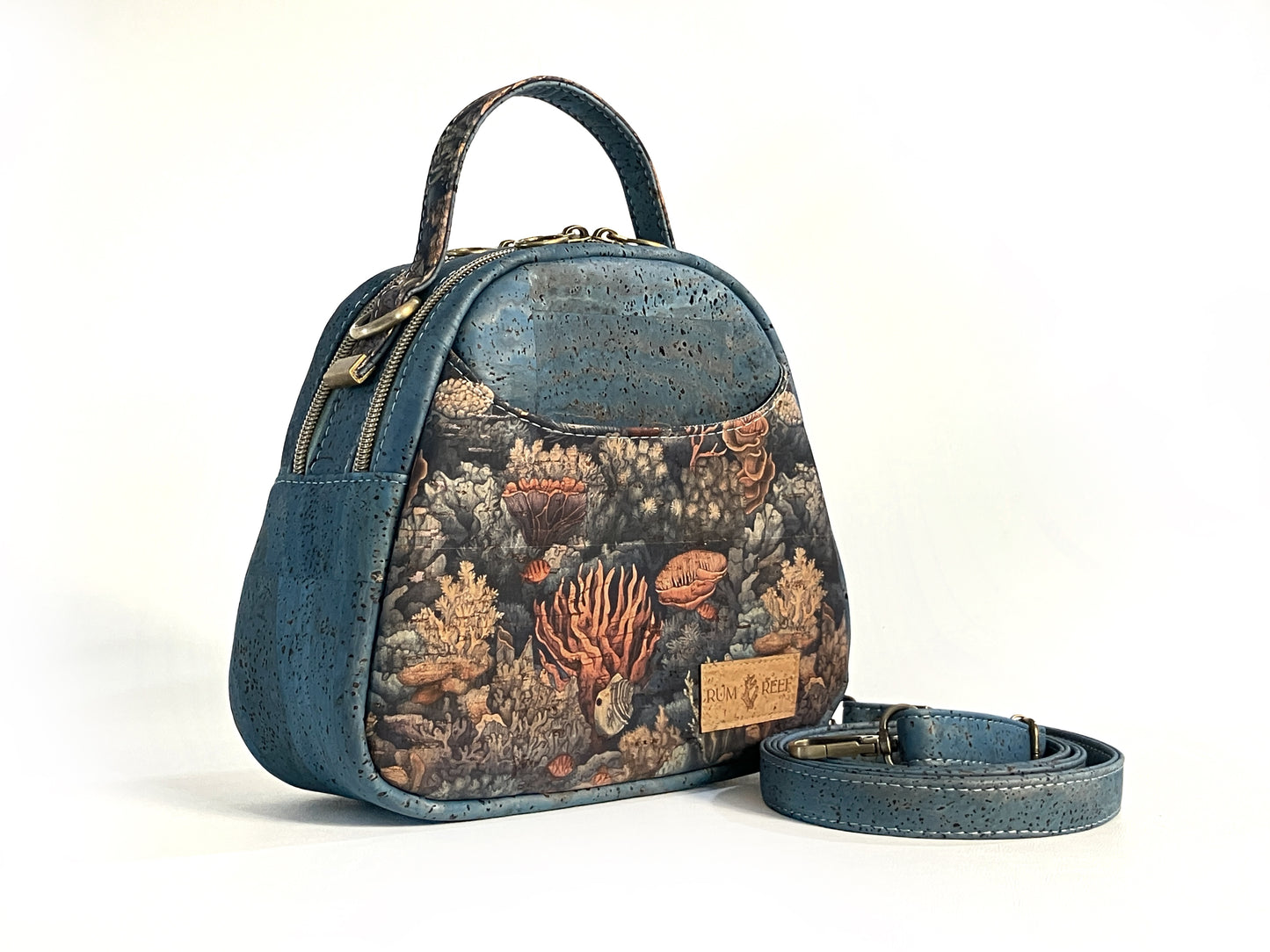 Rustic Teal Cork Mini Bowler Bag with Coral Reef Prin