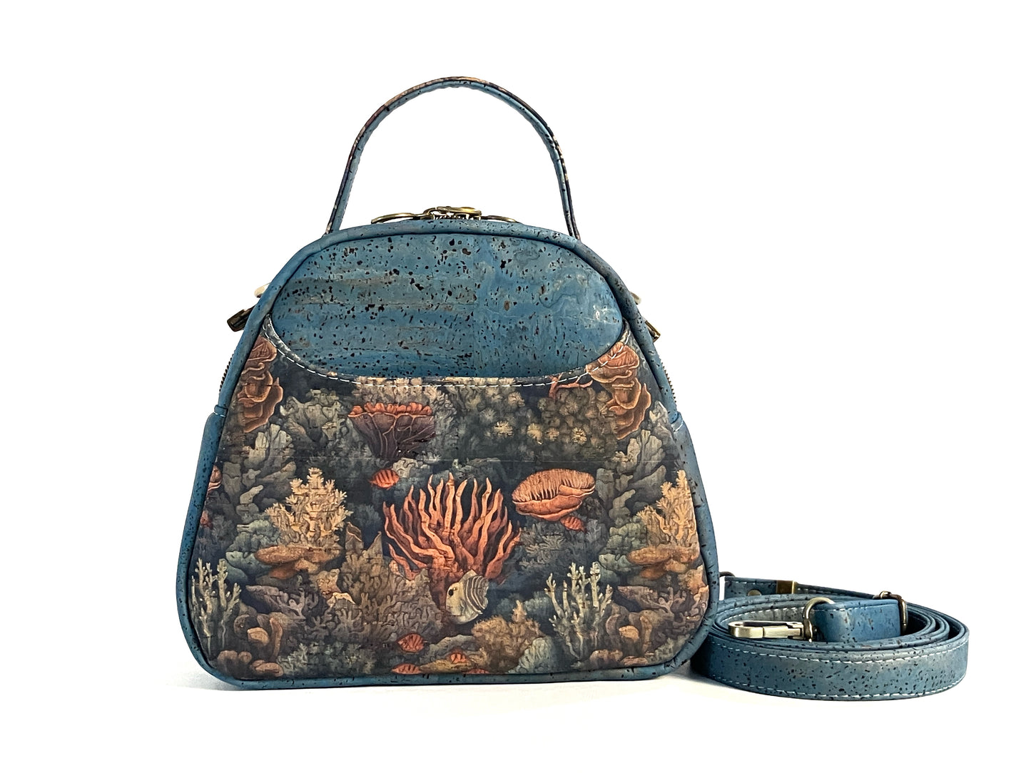 Rustic Teal Cork Mini Bowler Bag with Coral Reef Prin