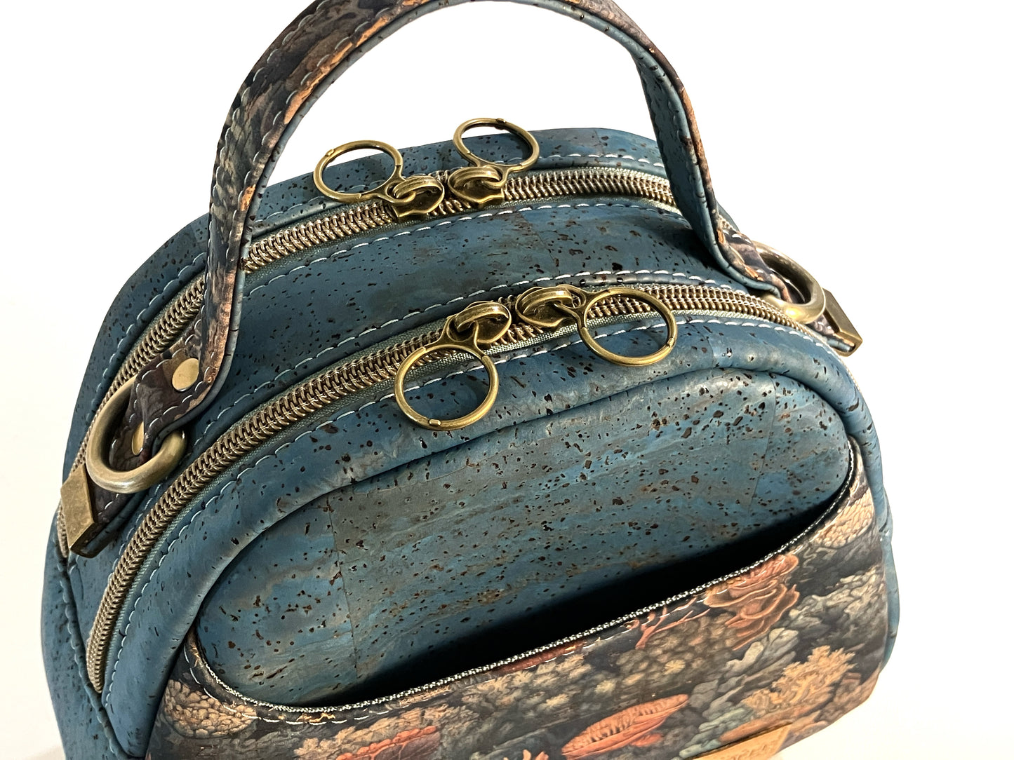 Rustic Teal Cork Mini Bowler Bag with Coral Reef Prin