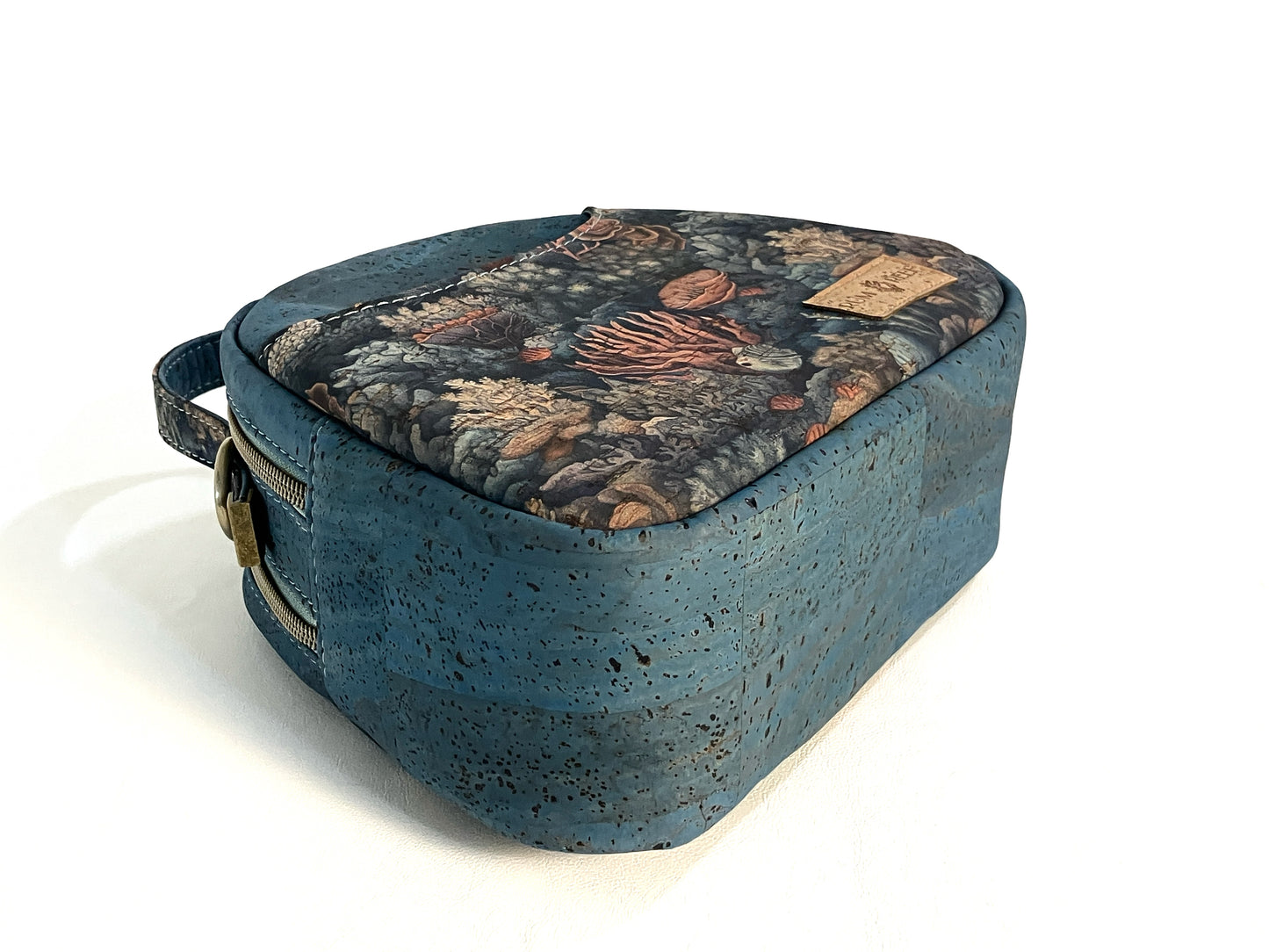 Rustic Teal Cork Mini Bowler Bag with Coral Reef Prin