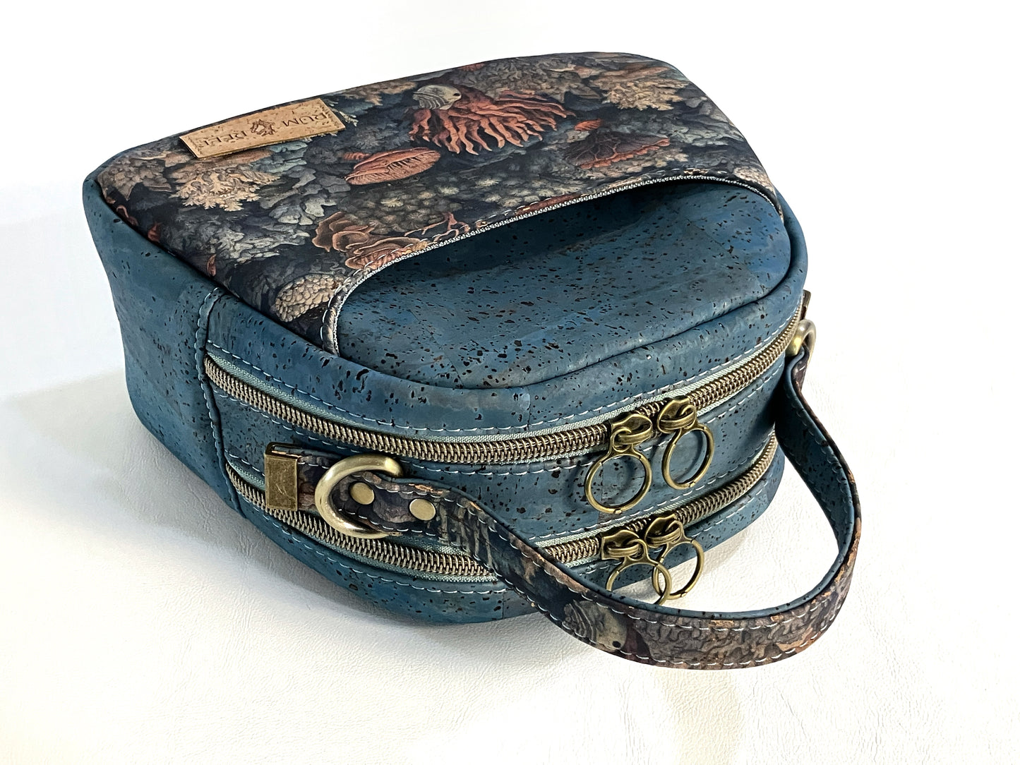 Rustic Teal Cork Mini Bowler Bag with Coral Reef Prin