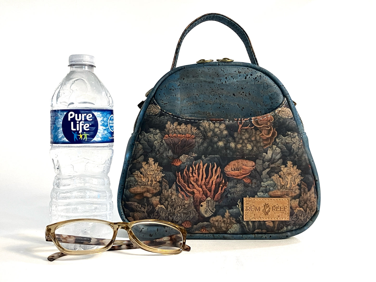 Rustic Teal Cork Mini Bowler Bag with Coral Reef Prin
