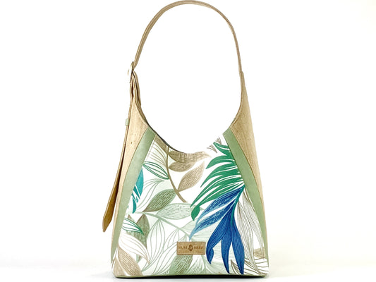 Palm Leaf Print Shoulder Bag with Natural Cork Accent