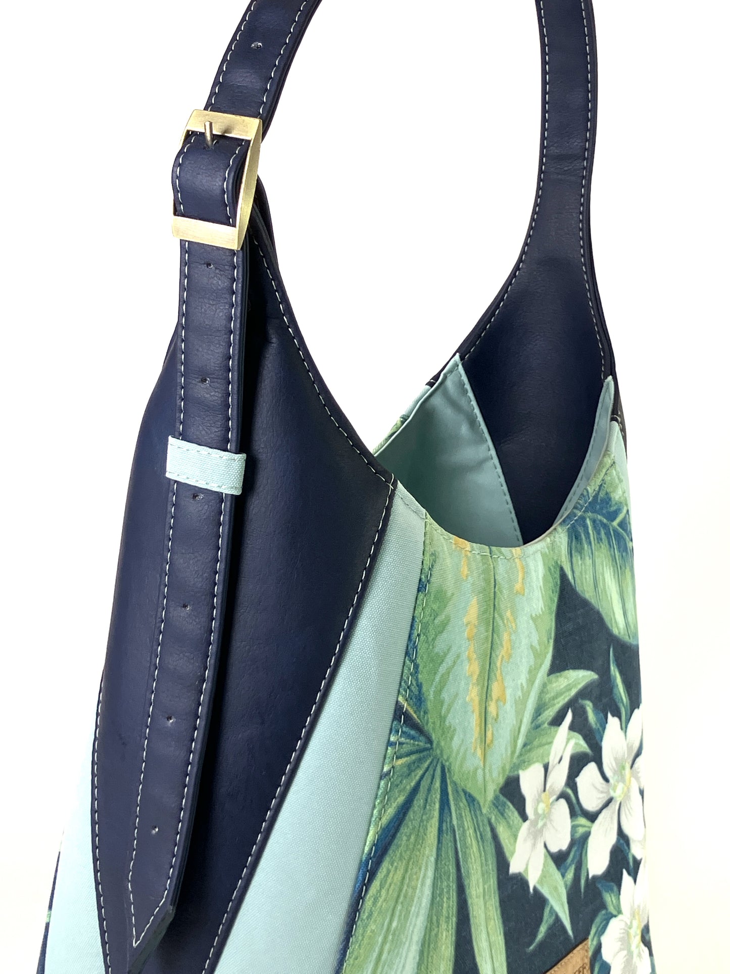 Large Shoulder Bag in Navy Blue and Tropical Floral Print