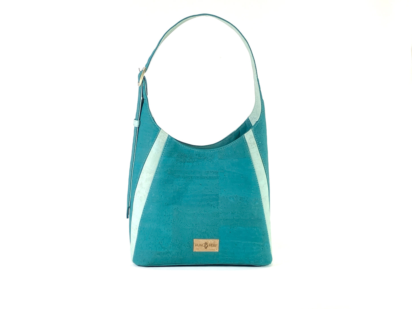 Turquoise and Aqua Cork Structured Hobo Bag with Coral Details