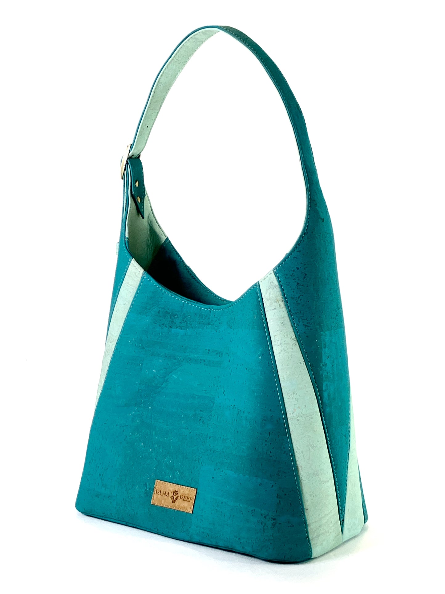 Turquoise and Aqua Cork Structured Hobo Bag with Coral Details