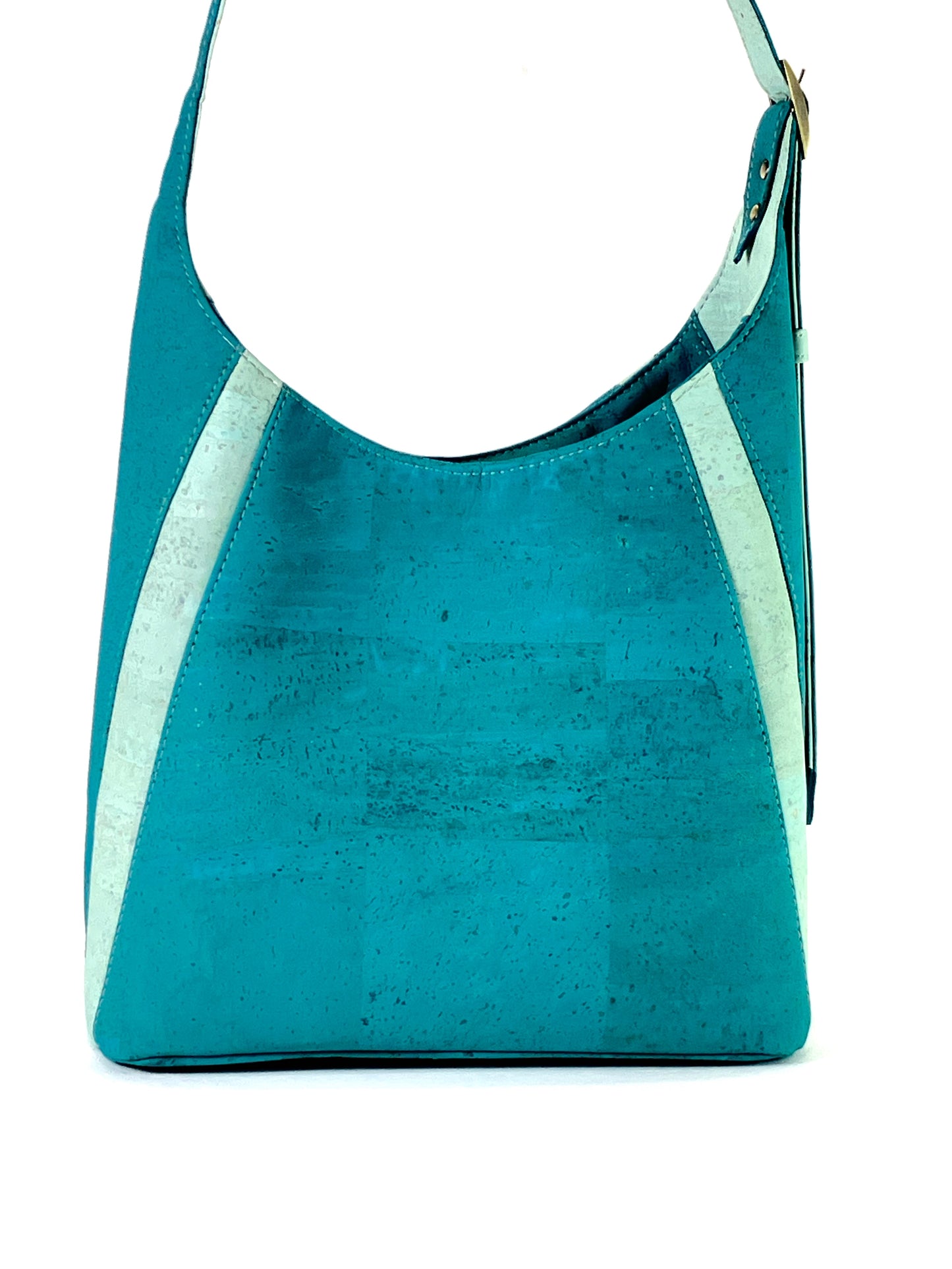 Turquoise and Aqua Cork Structured Hobo Bag with Coral Details