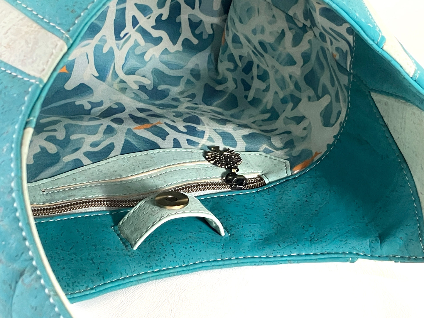 Turquoise and Aqua Cork Structured Hobo Bag with Coral Details