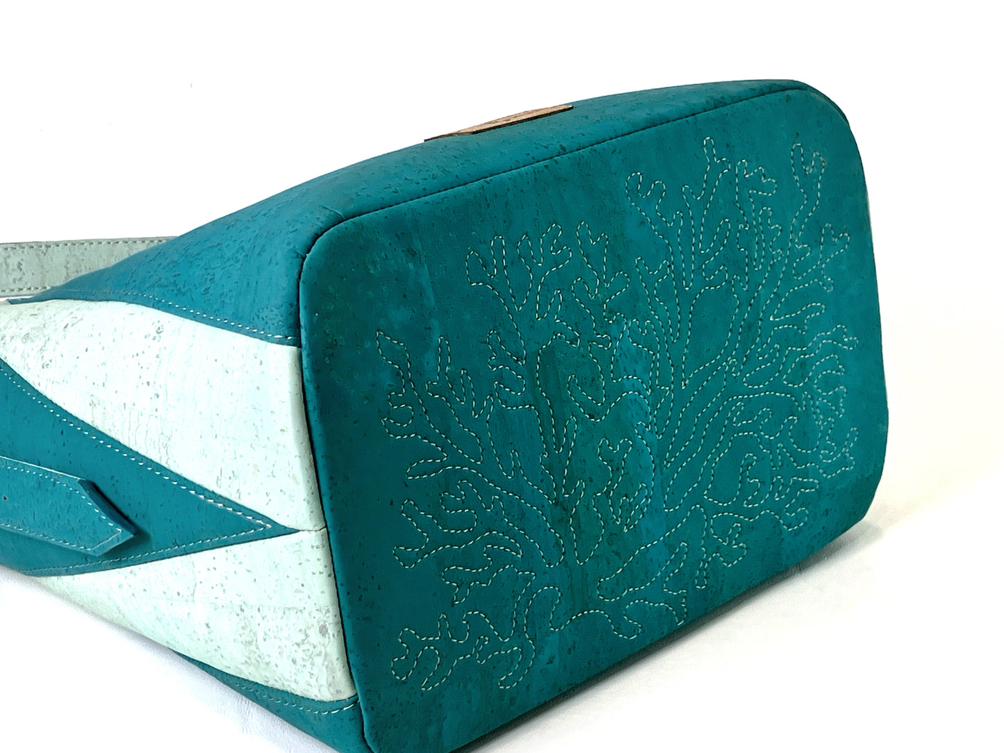 Turquoise and Aqua Cork Structured Hobo Bag with Coral Details