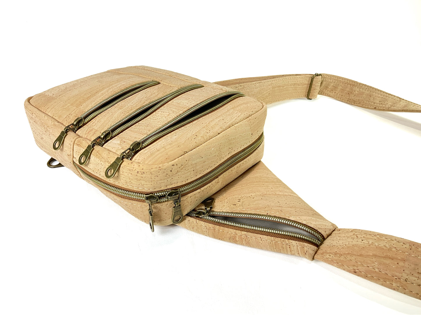Natural Cork Sling Bag with Zipper Pockets