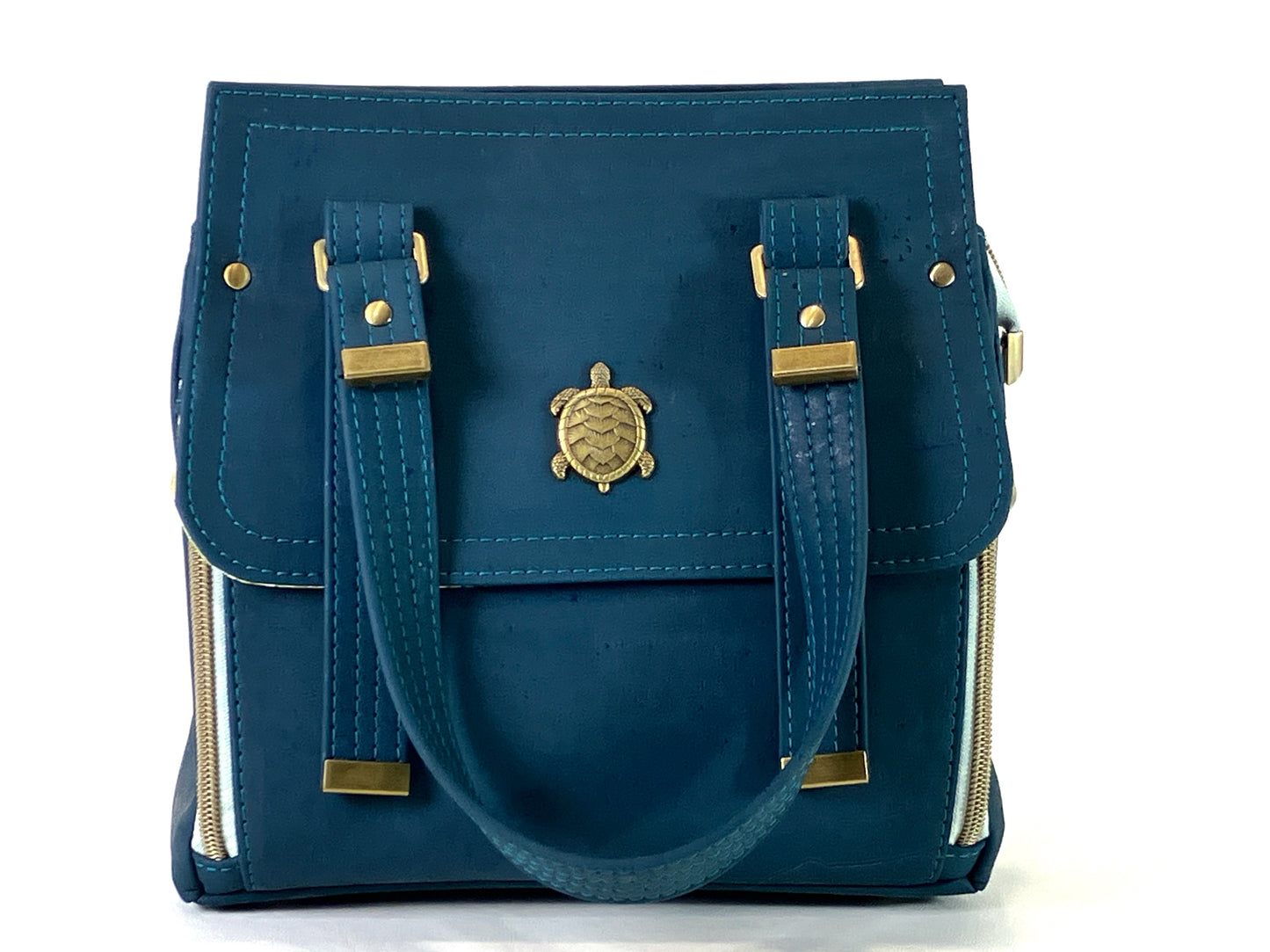 Deep Teal Cork Bag with Sea Turtle Details - Removable Crossbody Strap