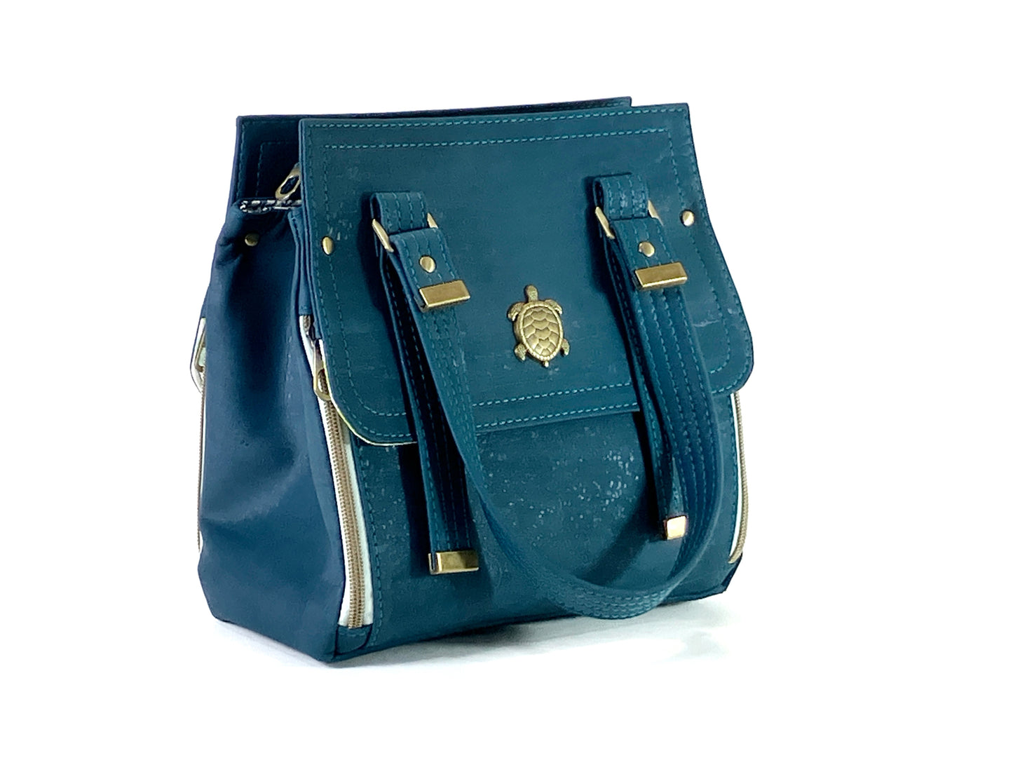 Deep Teal Cork Bag with Sea Turtle Details - Removable Crossbody Strap