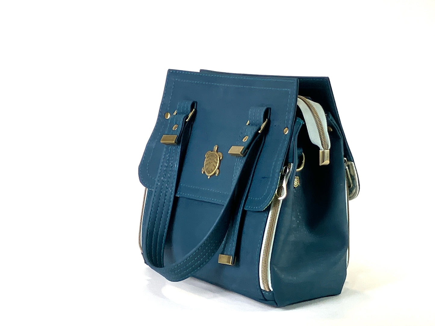 Deep Teal Cork Bag with Sea Turtle Details - Removable Crossbody Strap