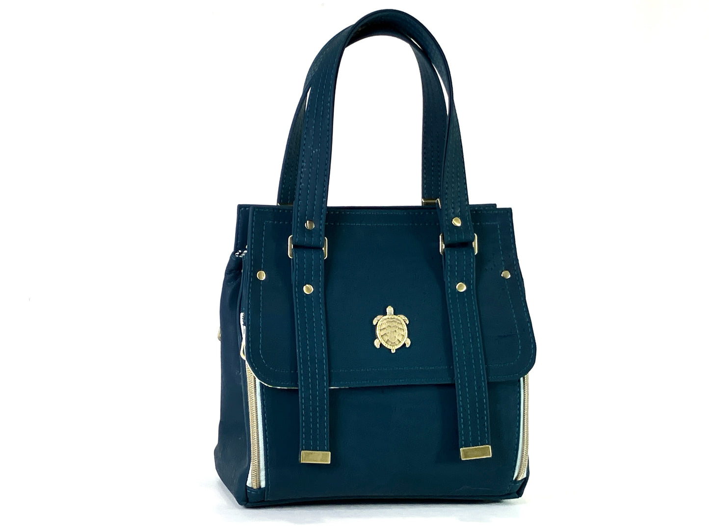 Deep Teal Cork Bag with Sea Turtle Details - Removable Crossbody Strap