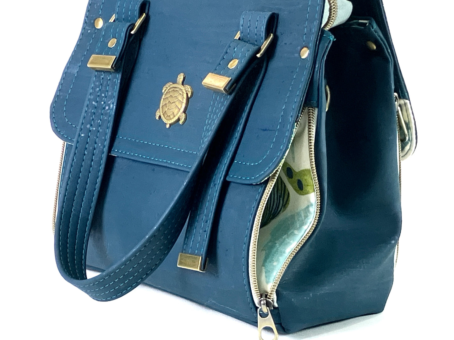 Deep Teal Cork Bag with Sea Turtle Details - Removable Crossbody Strap