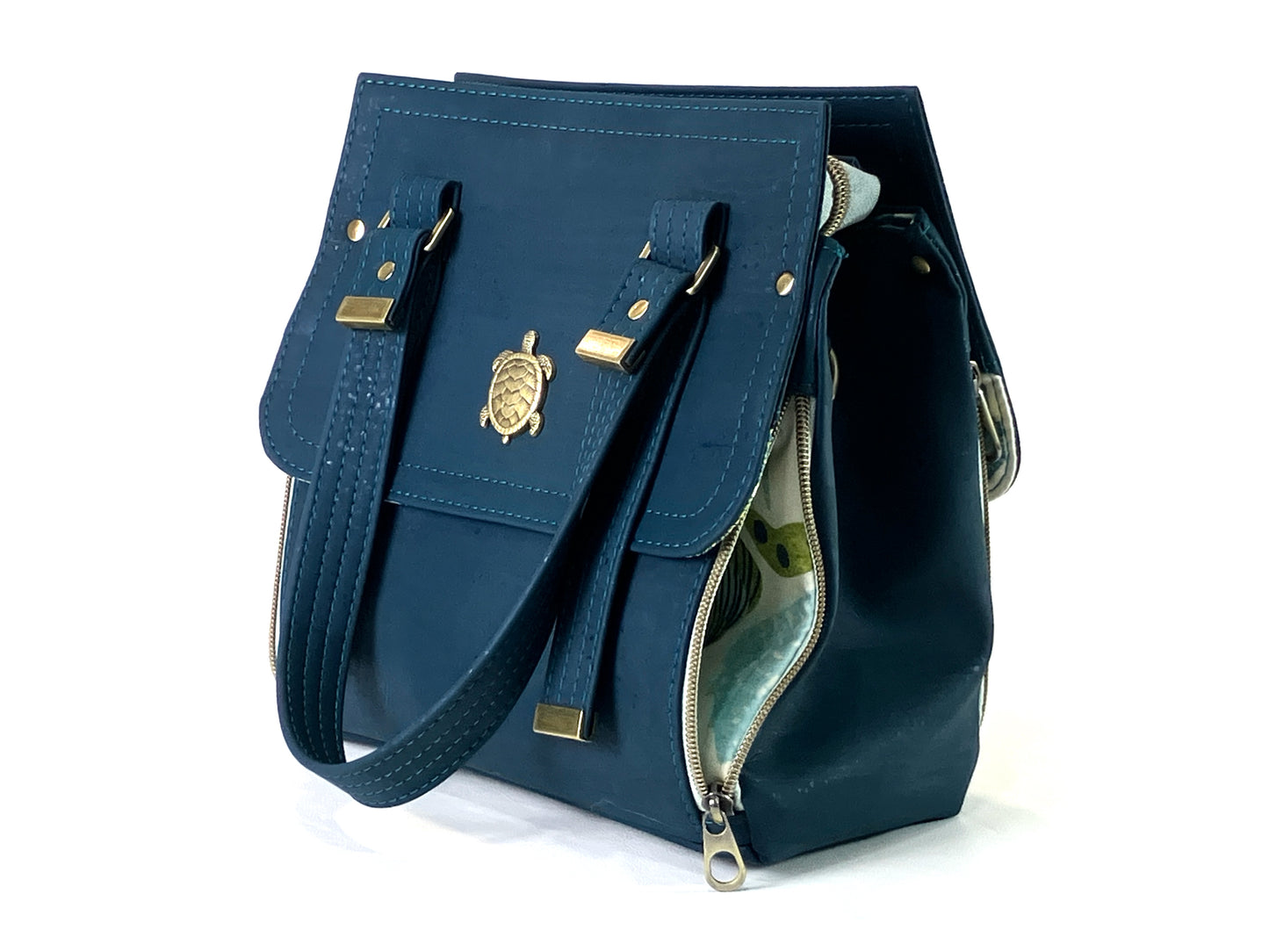 Deep Teal Cork Bag with Sea Turtle Details - Removable Crossbody Strap