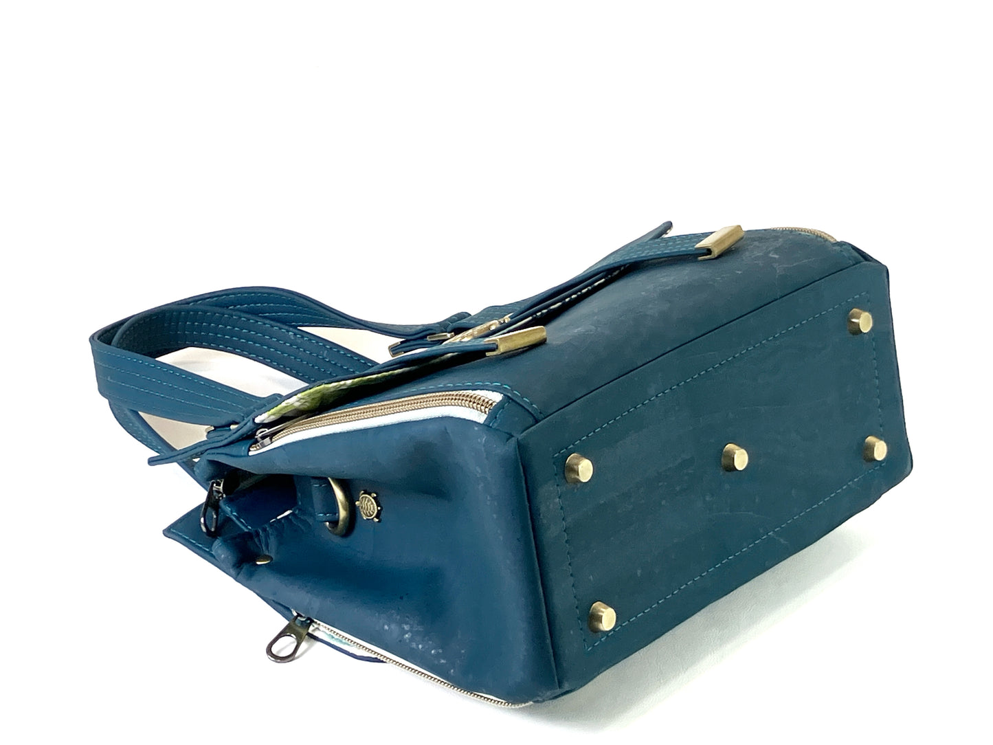 Deep Teal Cork Bag with Sea Turtle Details - Removable Crossbody Strap