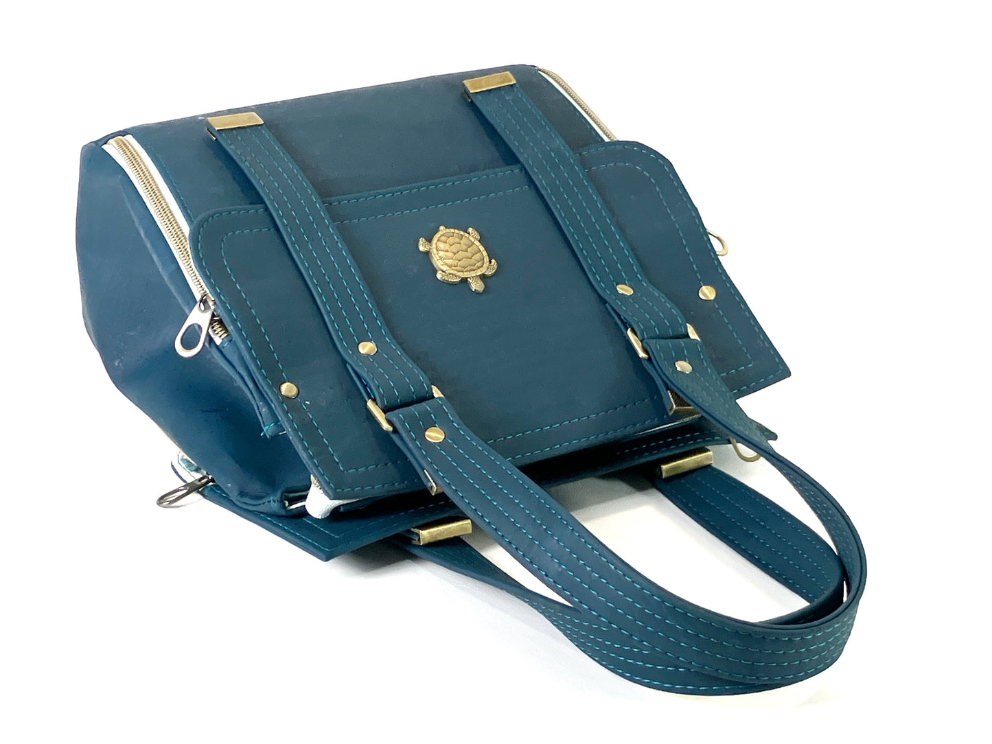 Deep Teal Cork Bag with Sea Turtle Details - Removable Crossbody Strap