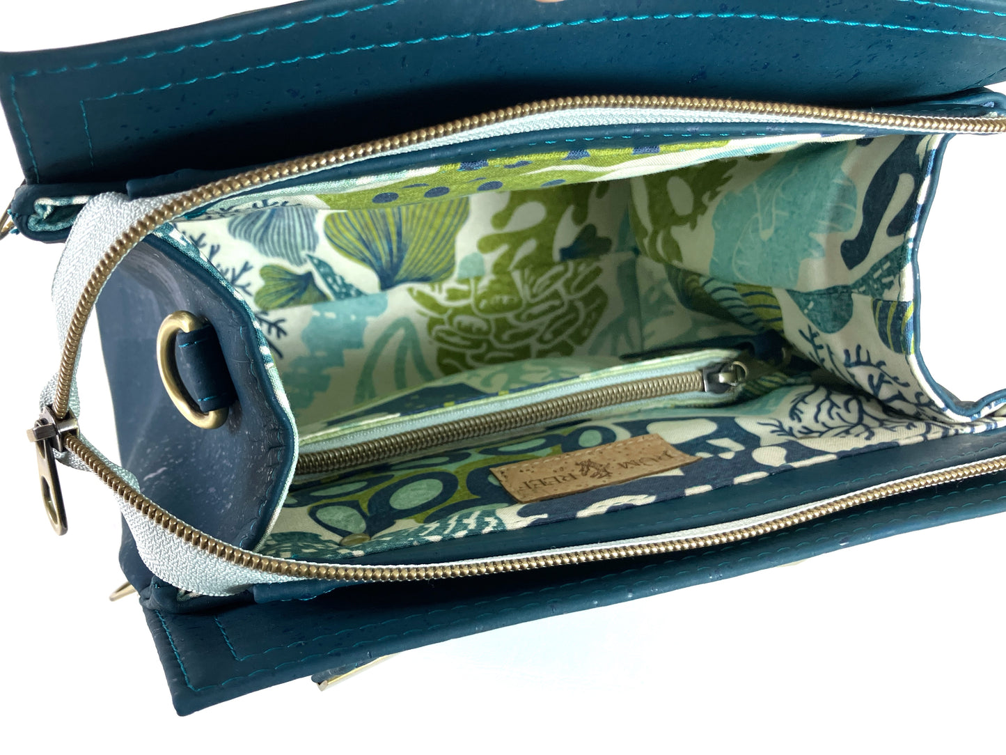 Deep Teal Cork Bag with Sea Turtle Details - Removable Crossbody Strap