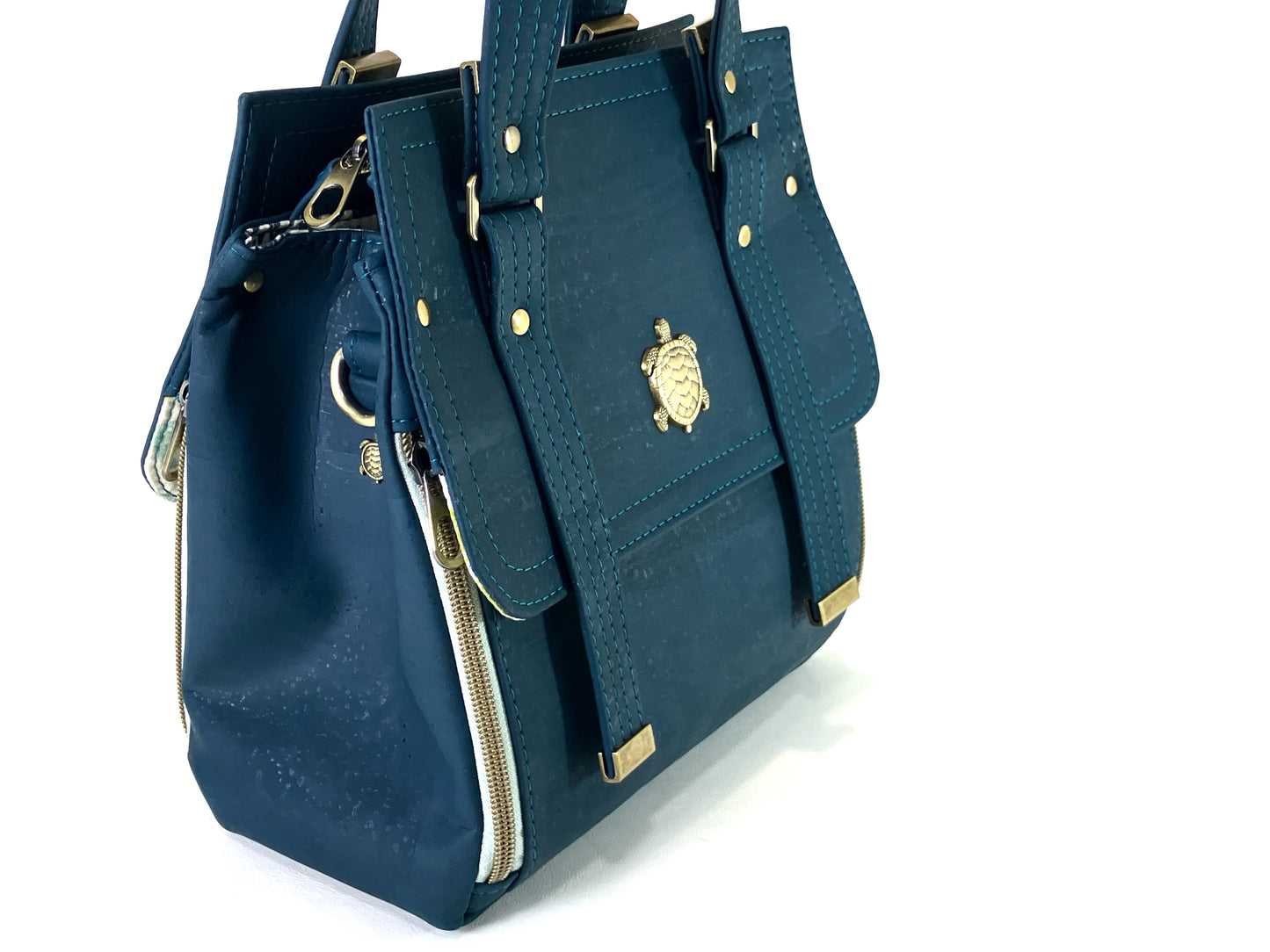 Deep Teal Cork Bag with Sea Turtle Details - Removable Crossbody Strap