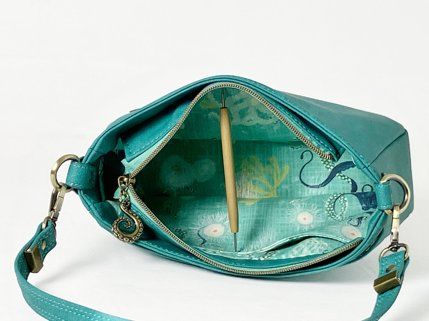 Small Crossbody / Shoulder Bag – Seaspray Teal – Octopus Lining
