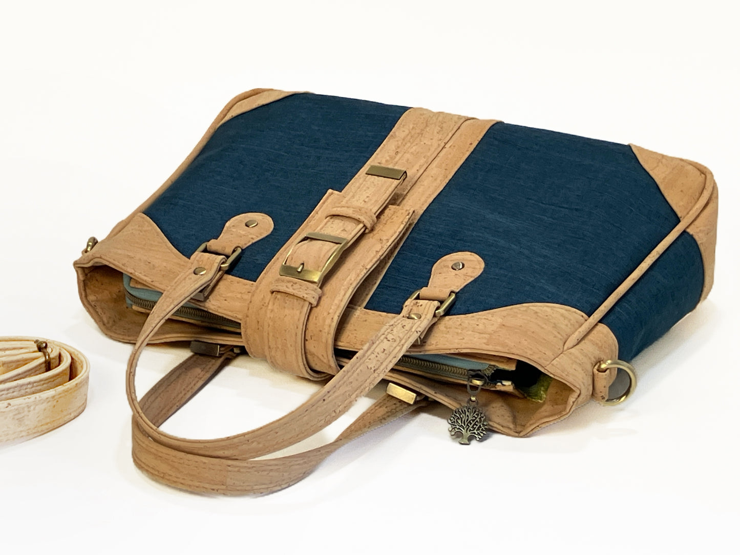 Large Crossbody bag for Laptop in Navy and Natural Cork
