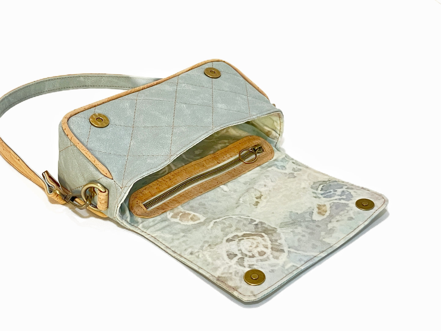 Small Quilted Shoulder Bag in Seasalt Blue with Cork Trim