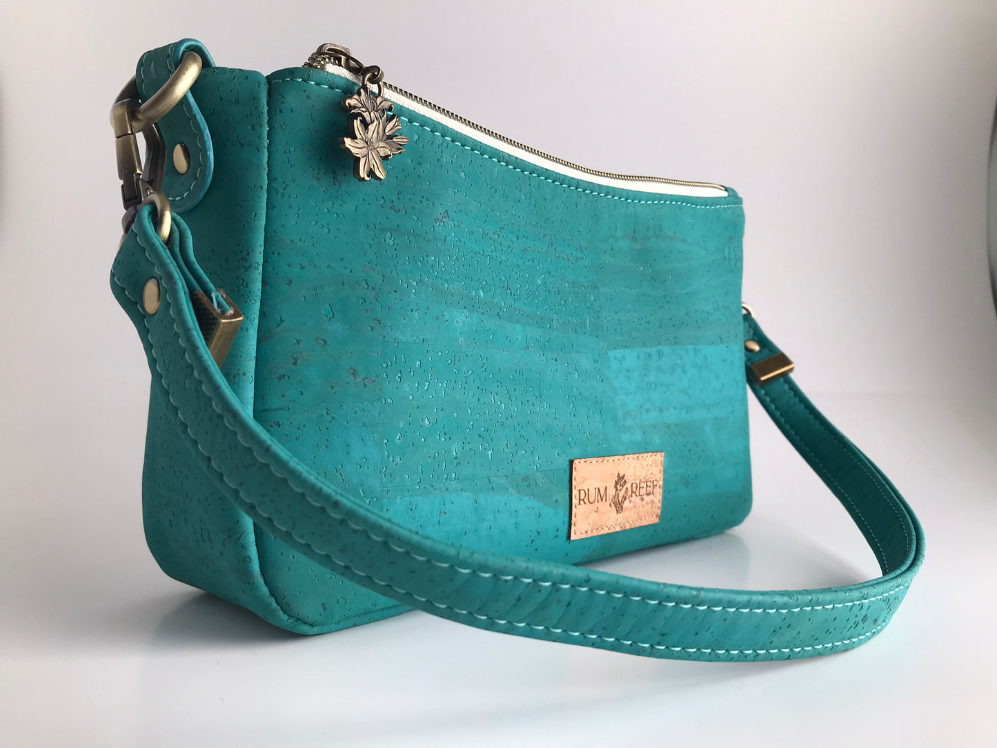 Tropical Teal Cork Handbag with Zippers