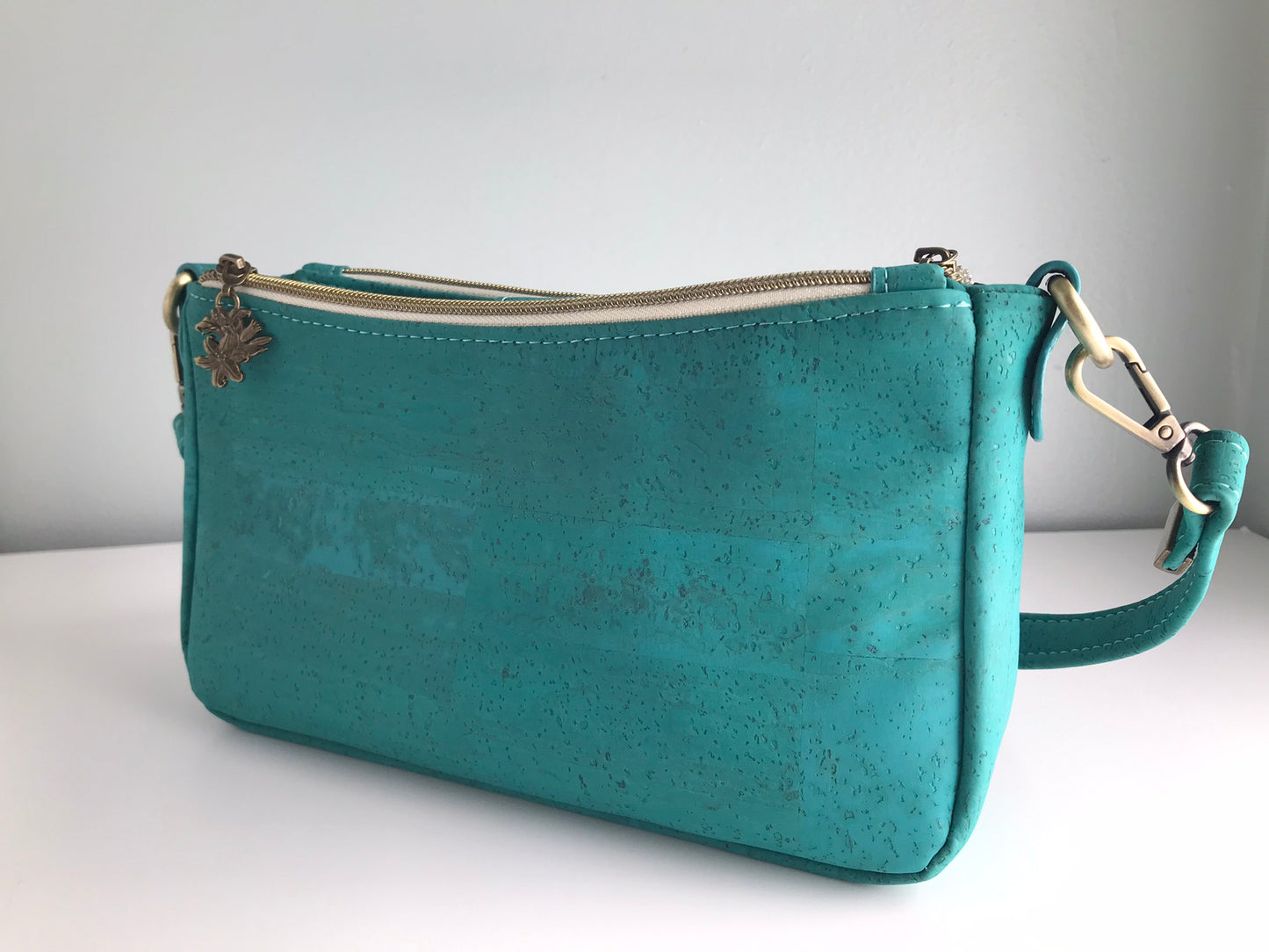 Tropical Teal Cork Handbag with Zippers