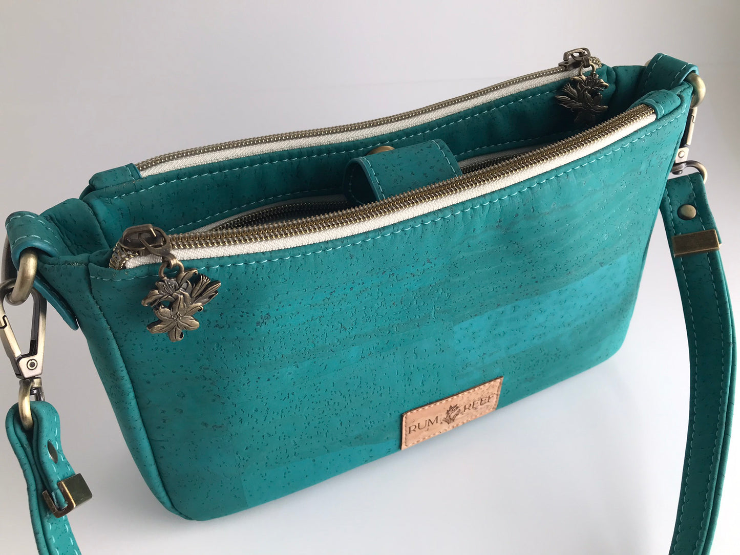 Tropical Teal Cork Handbag with Zippers